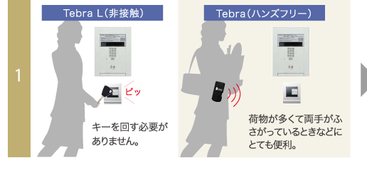 1.Tebra L（非接触）：キーを回す必要がありません。／Tebra（ハンズフリー）：荷物が多くて両手がふさがっているときなどにとても便利。